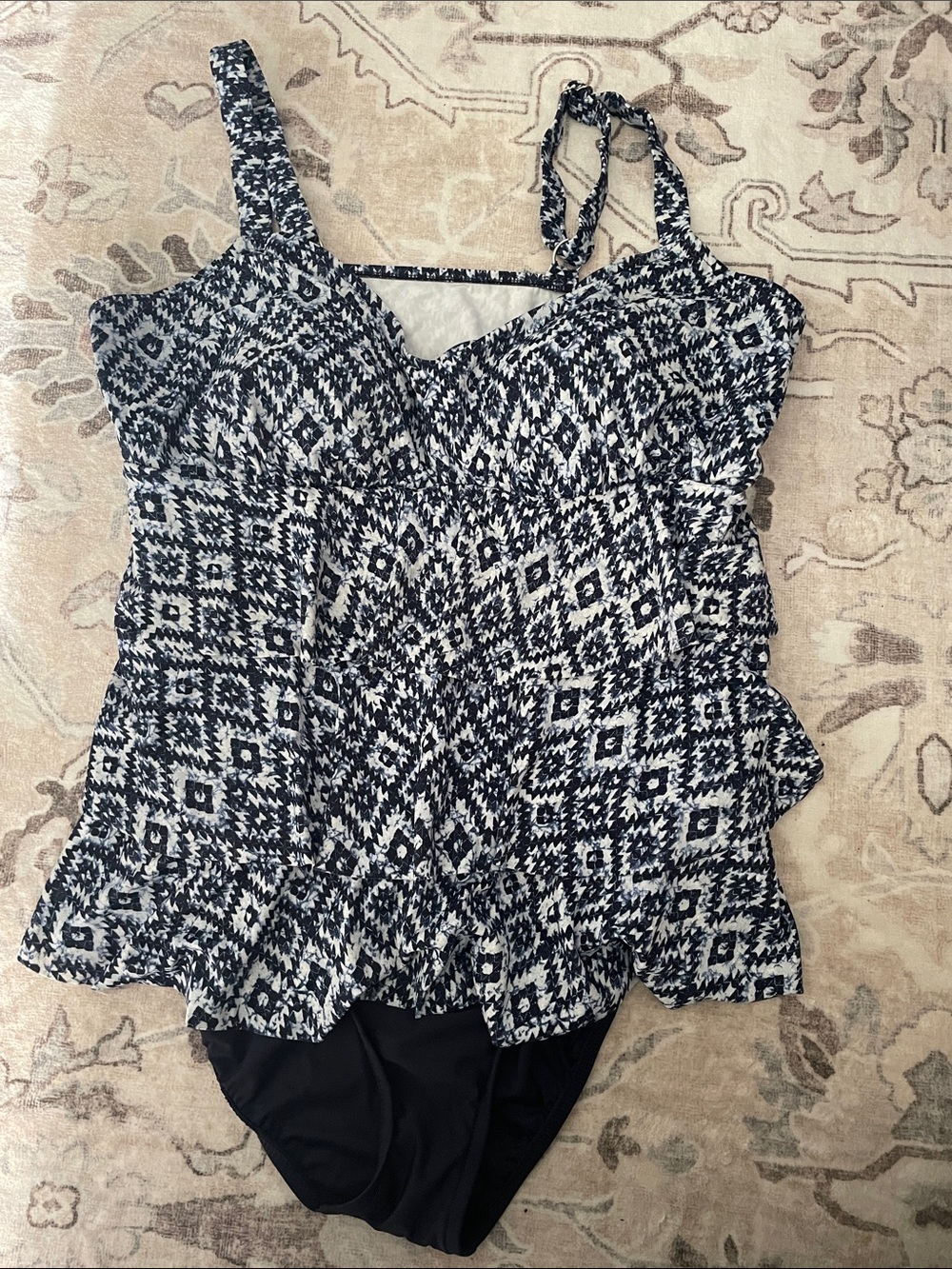 Blue & White Printed Ruffle Swim Tankini Top